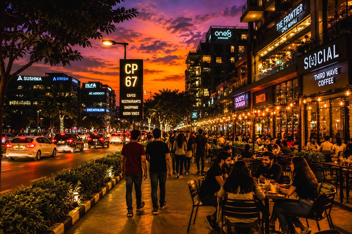 Young crowd enjoying cafés and evening social life in Mohali after sunset