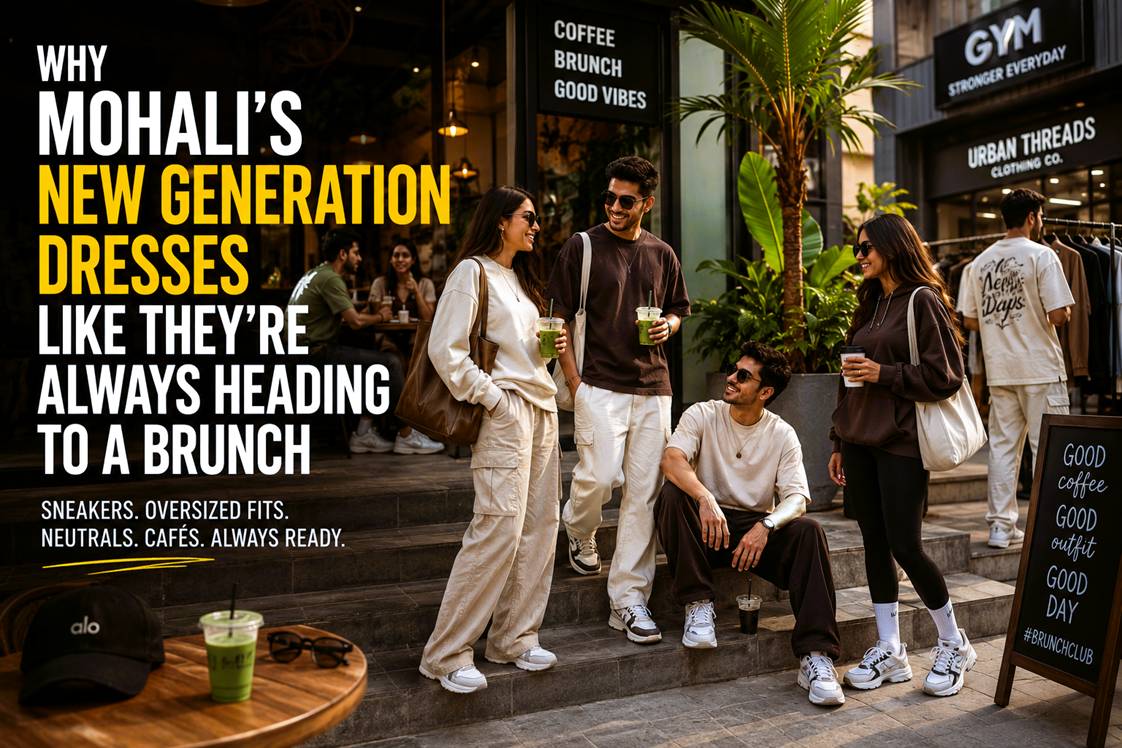 Young adults in stylish brunch-inspired outfits at a modern Mohali café