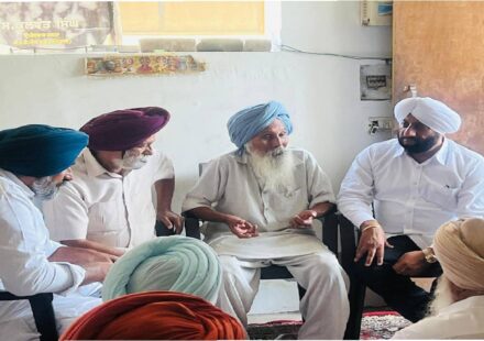 MLA Kulwant Singh offering condolences to a bereaved family during the last Ardaas ceremony at Gurdwara Sahib in village Majat, Mohali.