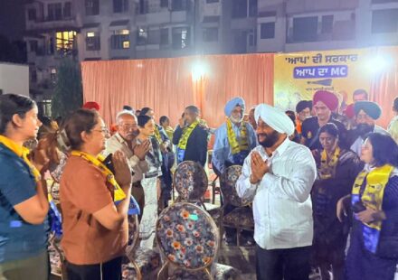 MLA Kulwant Singh meeting residents during an election campaign in support of Bibi Jasbir Kaur Atli in Ward 27, Mohali.