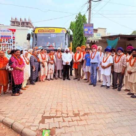 Senior citizens from village Lakhnaur departing for a pilgrimage under the Chief Minister’s Teerth Yatra Scheme in Mohali.