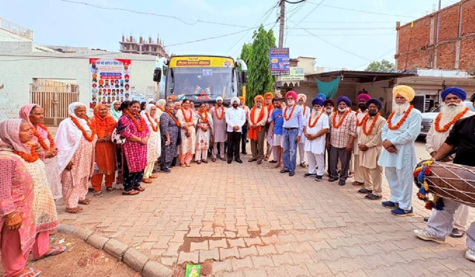 Senior citizens from village Lakhnaur departing for a pilgrimage under the Chief Minister’s Teerth Yatra Scheme in Mohali.