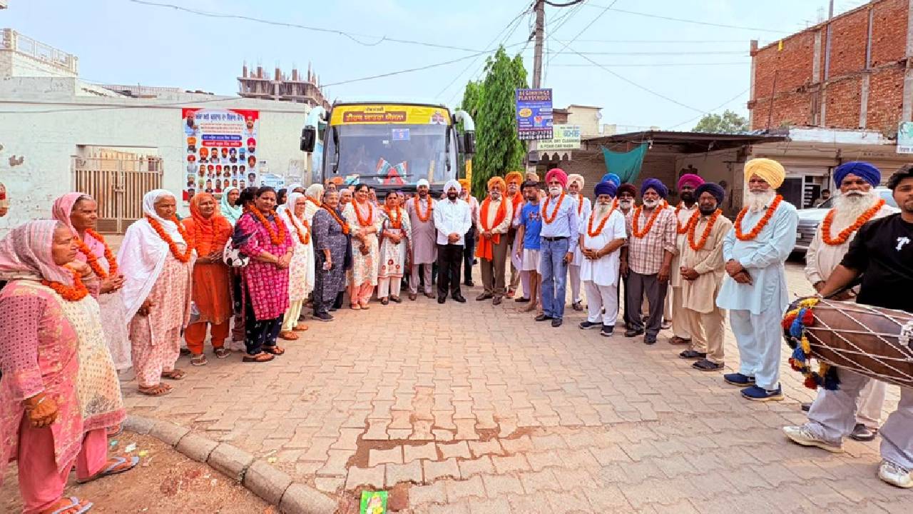 Senior citizens from village Lakhnaur departing for a pilgrimage under the Chief Minister’s Teerth Yatra Scheme in Mohali.