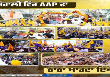 Large gathering of supporters and residents participating in a road show in Mohali focused on development and public engagement.