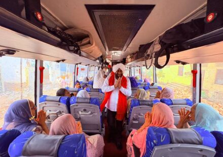 MLA Kulwant Singh flags off a special pilgrimage bus carrying senior citizens from Landran village under the Chief Minister's Pilgrimage Scheme in Mohali.