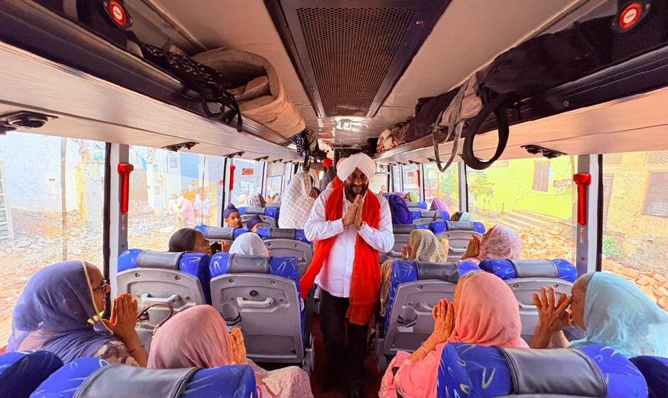 MLA Kulwant Singh flags off a special pilgrimage bus carrying senior citizens from Landran village under the Chief Minister's Pilgrimage Scheme in Mohali.