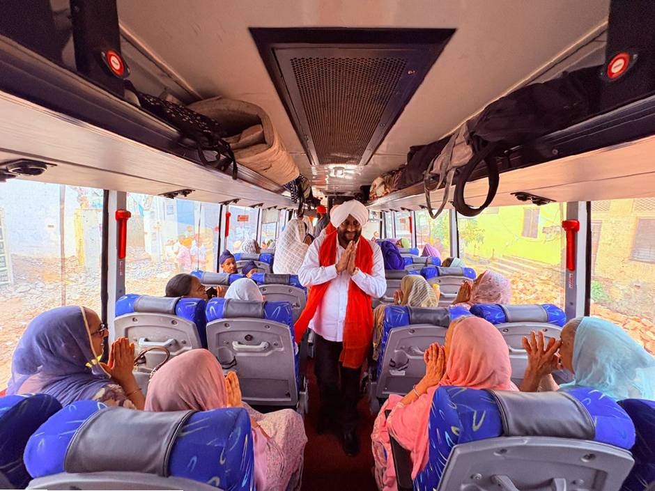 MLA Kulwant Singh flags off a special pilgrimage bus carrying senior citizens from Landran village under the Chief Minister's Pilgrimage Scheme in Mohali.