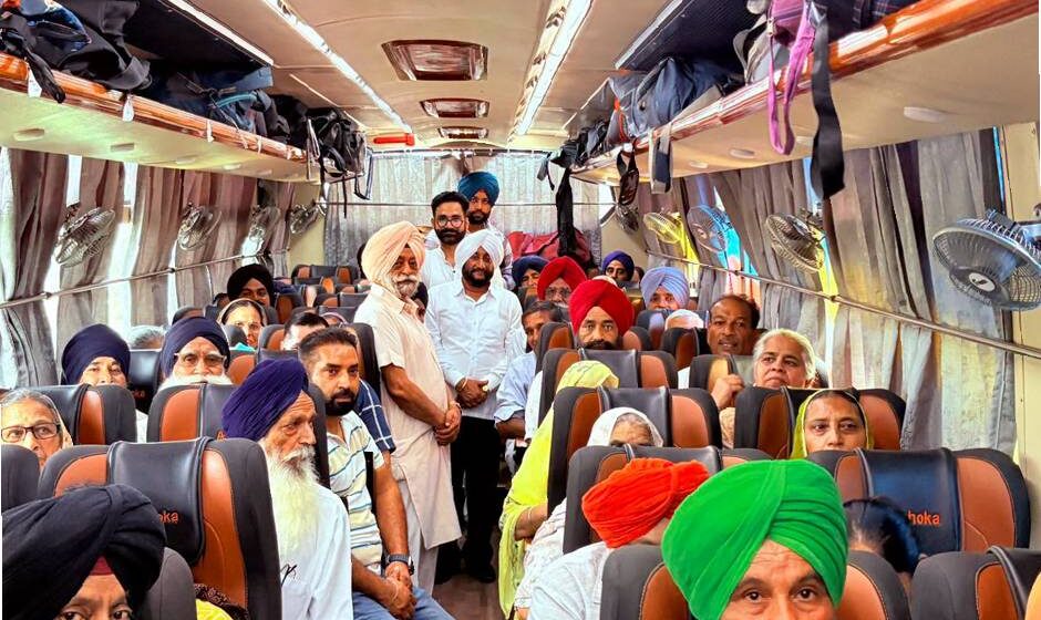 MLA Kulwant Singh flags off a bus carrying senior citizens from Naraingarh Jhungian under the Chief Minister's Pilgrimage Scheme in SAS Nagar Mohali.