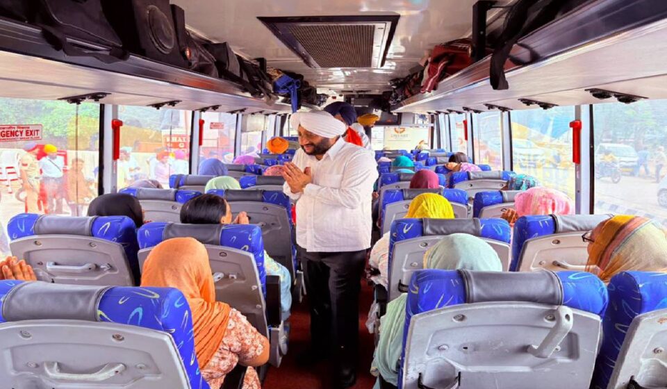 Senior citizens from Jujhar Nagar village departing under the Chief Minister Tirath Yatra Scheme in Mohali.