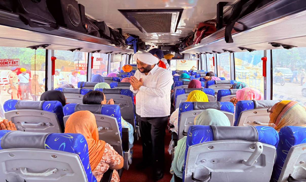 Senior citizens from Jujhar Nagar village departing under the Chief Minister Tirath Yatra Scheme in Mohali.