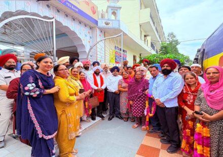 Senior citizens depart from Phase 9, Mohali, under the Chief Minister Tirath Yatra Scheme after an Ardaas