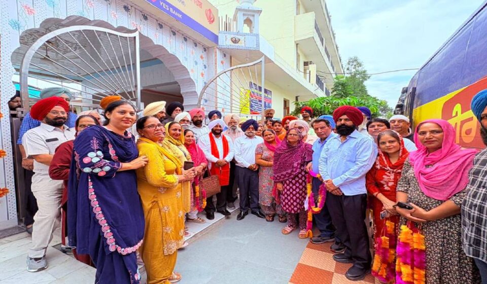 Senior citizens depart from Phase 9, Mohali, under the Chief Minister Tirath Yatra Scheme after an Ardaas