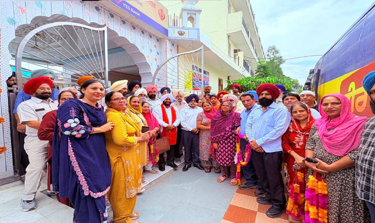 Senior citizens depart from Phase 9, Mohali, under the Chief Minister Tirath Yatra Scheme after an Ardaas