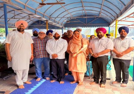 MLA Kulwant Singh attending a thanksgiving religious gathering at Gurdwara Sahib in Ward 5, Mohali, and congratulating Councillor Arvinder Kaur.