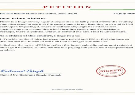 MLA Kulwant Singh signs a petition supporting the continued availability of regular petrol alongside E20 fuel to protect consumer choice