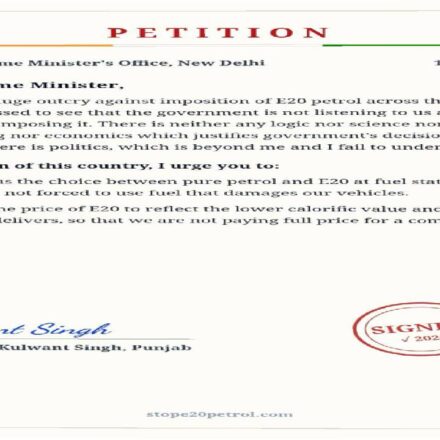MLA Kulwant Singh signs a petition supporting the continued availability of regular petrol alongside E20 fuel to protect consumer choice