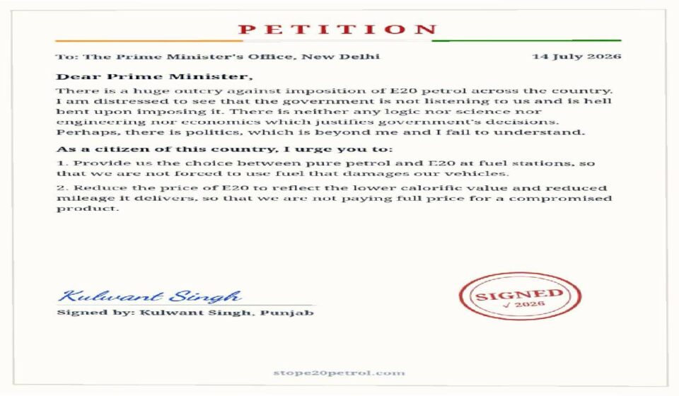 MLA Kulwant Singh signs a petition supporting the continued availability of regular petrol alongside E20 fuel to protect consumer choice