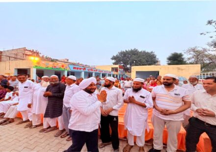 MLA Kulwant Singh interacting with residents during a community meeting in Jujhar Nagar, SAS Nagar Mohali, highlighting development initiatives and screening a documentary on Sri Guru Ravidas Ji.