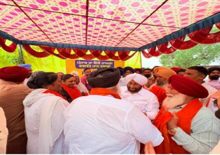 MLA Kulwant Singh interacting with residents during a Lok Milni programme in Barmajra village, SAS Nagar Mohali, and screening a documentary on Sri Guru Ravidas Ji.