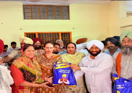 MLA Kulwant Singh distributes ration kits to needy families during the Lok Milni programme at Mataur village in Mohali