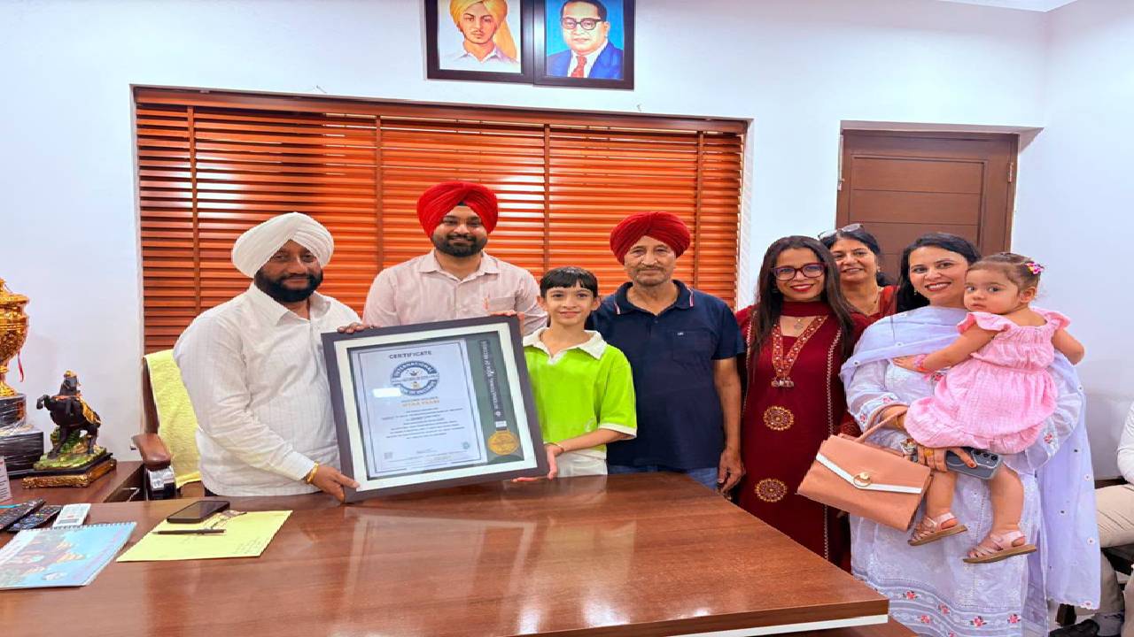 MLA Kulwant Singh congratulates Mayra Passi for earning a place in the International Book of Records for excellence in a Mathematics Competition