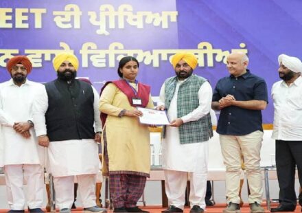 MLA Kulwant Singh felicitating Punjab Government school students who qualified the NEET examination during a ceremony