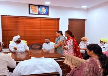 MLA Kulwant Singh interacting with residents at his constituency office in SAS Nagar Mohali, listening to public grievances and discussing local issues