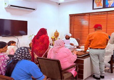 MLA Kulwant Singh interacting with residents during a public grievance meeting in SAS Nagar Mohali to hear local concerns and assure timely action