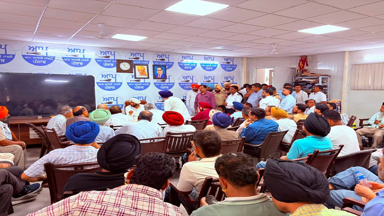 MLA Kulwant Singh meeting residents from different parts of Mohali at his constituency office during a public grievance meeting.