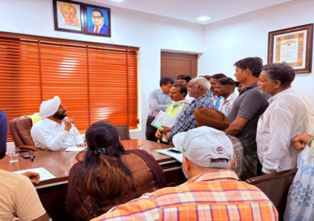 MLA Kulwant Singh meeting residents from different parts of Mohali during a public grievance session at his constituency office.