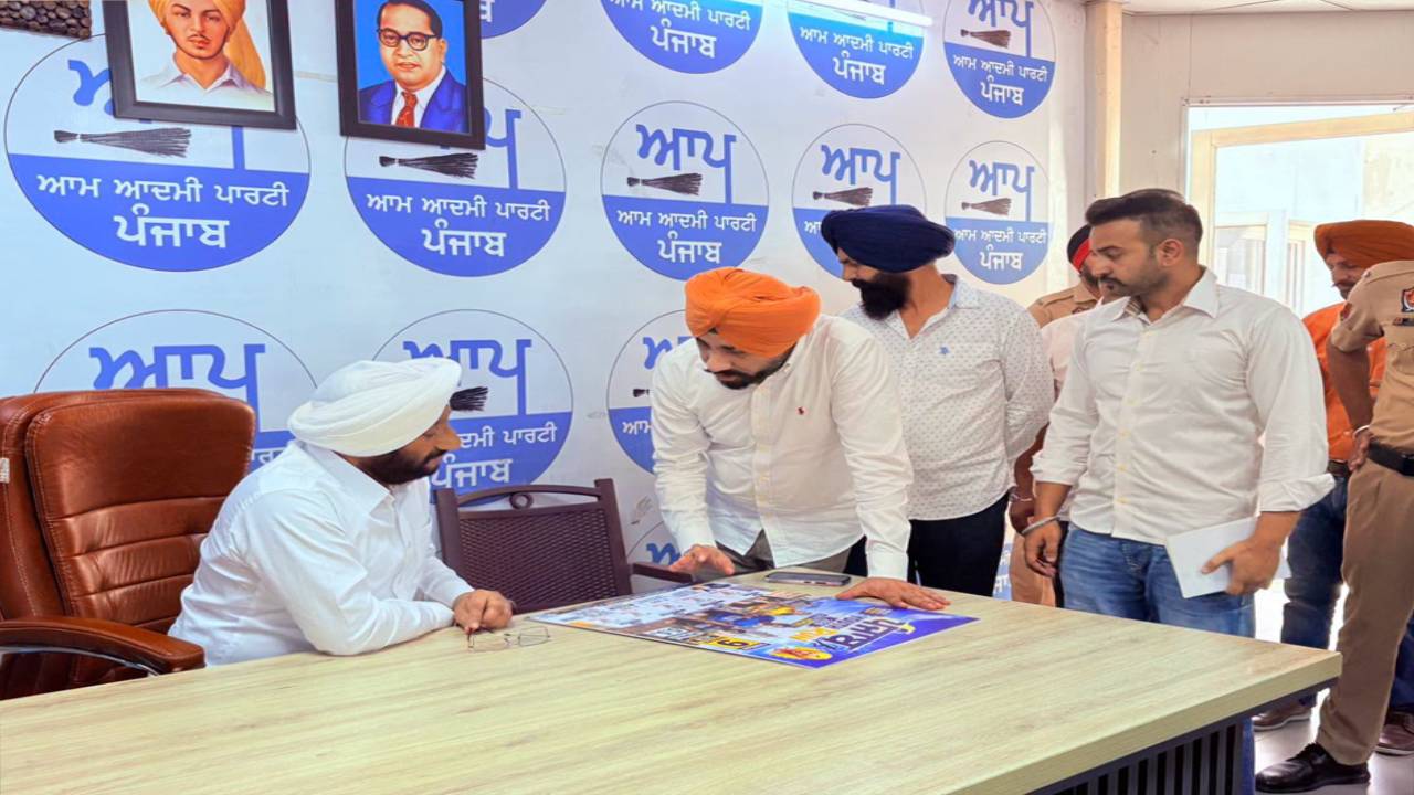 MLA Kulwant Singh interacting with residents during a public grievance meeting at his constituency office in Mohali