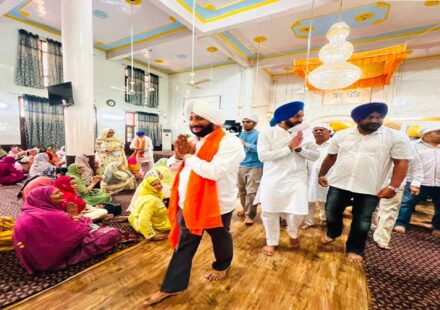 MLA Kulwant Singh attending the Sri Sukhmani Sahib Path at Gurdwara Singh Sabha in Phase 11, SAS Nagar Mohali, with Bibi Opinderpreet Kaur and her family