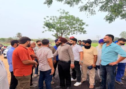 Mayor Sarabjeet Singh Samana inspecting the ongoing construction of the sports stadium and approach road at Kandala village in SAS Nagar Mohali