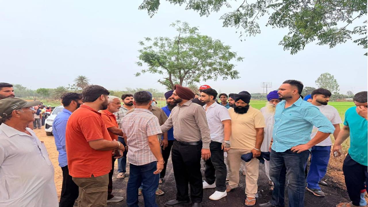 Mayor Sarabjeet Singh Samana inspecting the ongoing construction of the sports stadium and approach road at Kandala village in SAS Nagar Mohali
