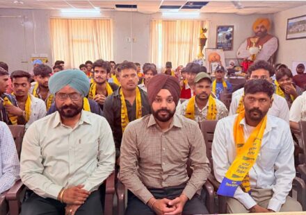 Mayor Sarabjeet Singh Samana welcomes residents of Amb Sahib Colony, Mohali, as they join the Aam Aadmi Party during a community programme