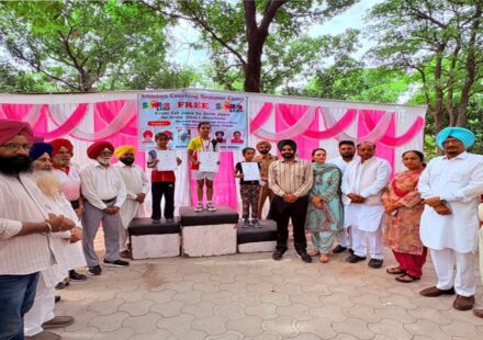 Mayor Sarabjeet Singh Samana interacts with children during the Athletics Coaching Summer Camp at Shaheed Bhagat Singh Nature Park, Phase 8, Mohali.
