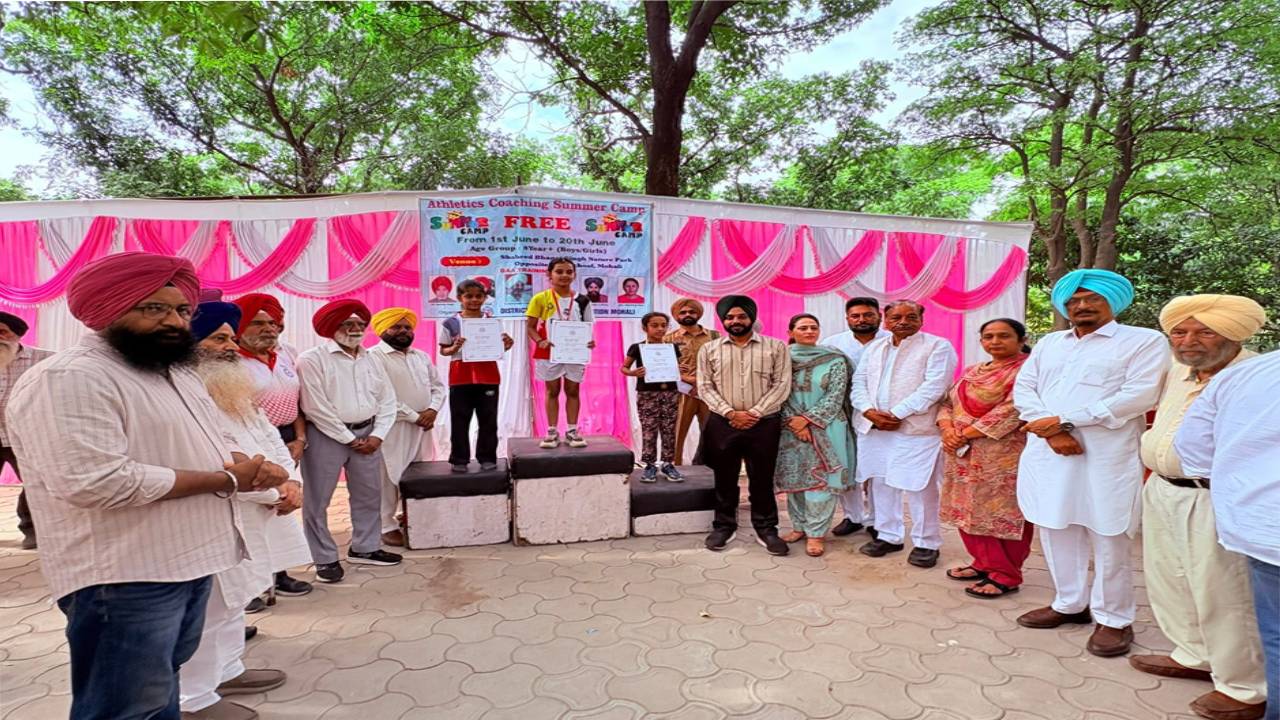 Mayor Sarabjeet Singh Samana interacts with children during the Athletics Coaching Summer Camp at Shaheed Bhagat Singh Nature Park, Phase 8, Mohali.