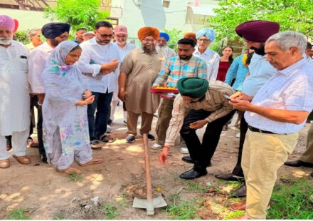 Mayor Sarabjeet Singh Samana reviews paver block installation work in Ward No. 40, Sector 77, Mohali, alongside Councillor Bibi Kamaljit Kaur Ji