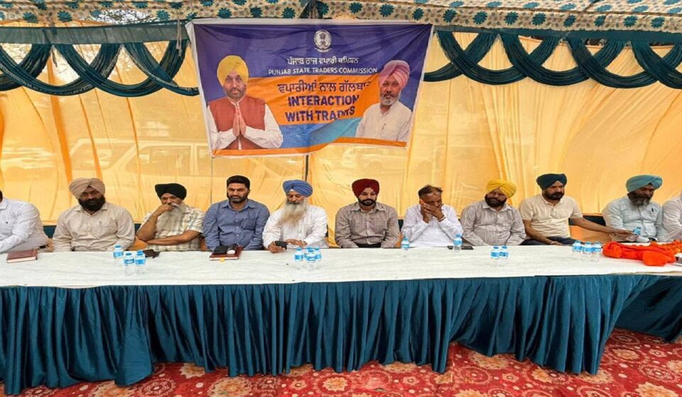 Mayor Sarabjeet Singh Samana attends a Punjab Trade Commission meeting with traders and shopkeepers at Phase 7 Market in SAS Nagar Mohali
