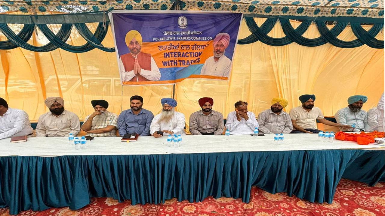 Mayor Sarabjeet Singh Samana attends a Punjab Trade Commission meeting with traders and shopkeepers at Phase 7 Market in SAS Nagar Mohali