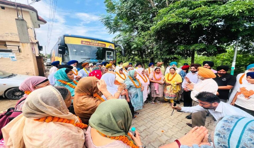 Mayor Sarabjeet Singh Samana flags off the Chief Minister's Pilgrimage Scheme bus from Dhurali village in SAS Nagar Mohali for senior citizens