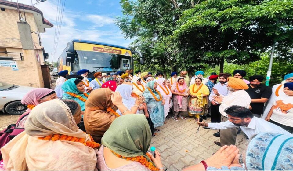 Mayor Sarabjeet Singh Samana flags off the Chief Minister's Pilgrimage Scheme bus from Dhurali village in SAS Nagar Mohali for senior citizens