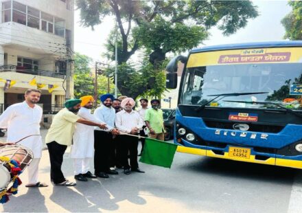 Mayor Sarabjeet Singh Samana flags off the Chief Minister's Pilgrimage Scheme bus from Sector 70 in SAS Nagar Mohali for senior citizens.