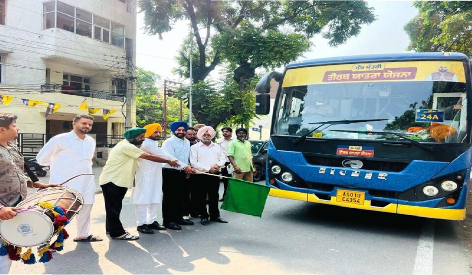 Mayor Sarabjeet Singh Samana flags off the Chief Minister's Pilgrimage Scheme bus from Sector 70 in SAS Nagar Mohali for senior citizens.