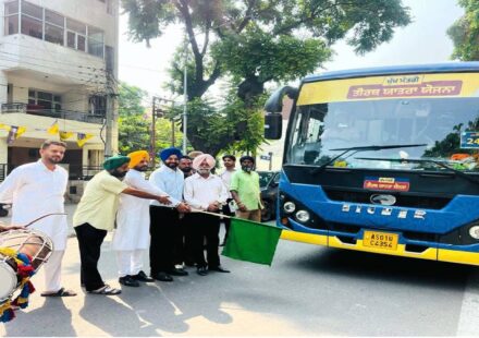 Mayor Sarabjeet Singh Samana flags off the Chief Minister's Pilgrimage Scheme bus from Sector 70 in SAS Nagar Mohali for senior citizens