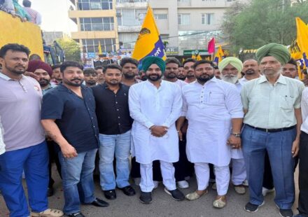 Mayor Sarabjeet Singh Samana greets residents during the Thanksgiving Road Show in SAS Nagar Mohali.