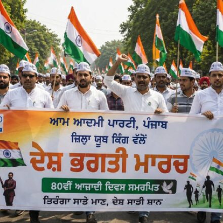 AAP Punjab youth volunteers participating in a patriotic Tricolour march ahead of Independence Day.