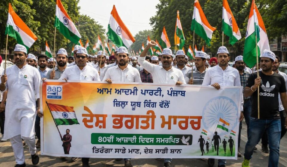 AAP Punjab youth volunteers participating in a patriotic Tricolour march ahead of Independence Day.