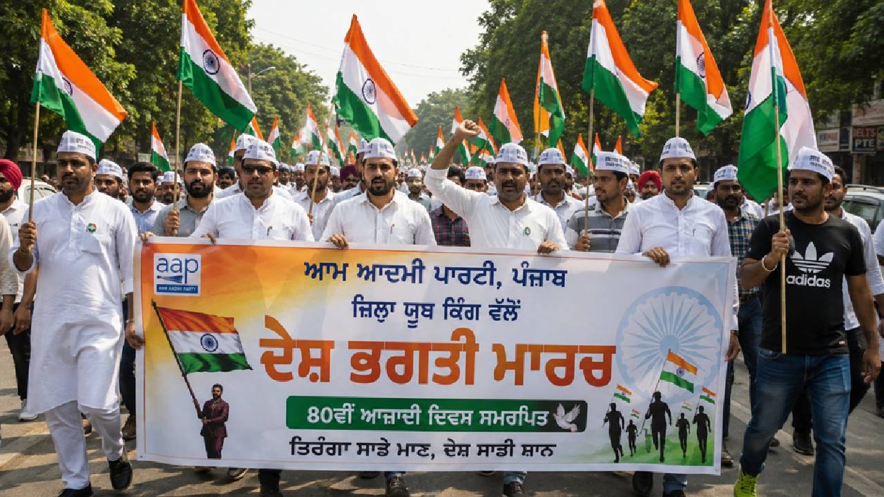 AAP Punjab youth volunteers participating in a patriotic Tricolour march ahead of Independence Day.