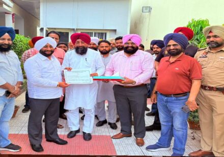 MLA Kulwant Singh congratulates Akwinder Singh Gosal for receiving Punjab Government certification for his services to culture and sports.